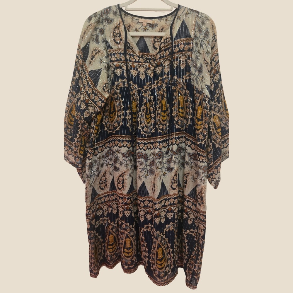 Pink Chicken NY Paisley Metallic Tunic Dress Navy Cream Silver Boho XS